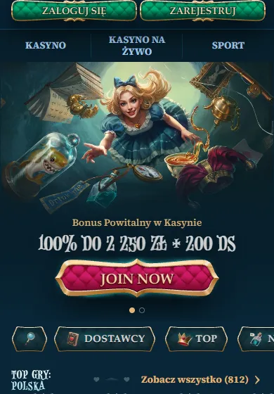 BetAlice Casino Online na smartfonie – mobilna strona z banerem bonusu i kategoriami