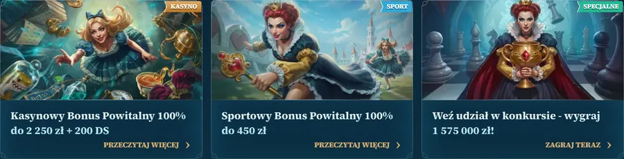 Casino BetAlice – karty promocji: bonus kasynowy 100% do 2 250 zł + 200 DS, bonus sportowy 100% do 450 zł i konkurs